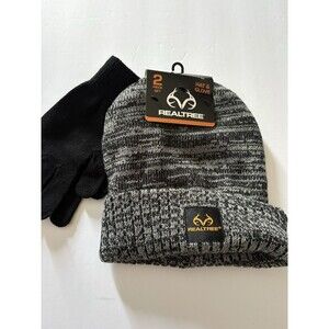 Realtree Knit Beanie Hat & Gloves Set One Size Gray & Black - NEW